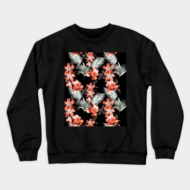 Palm Leaves And Flowers, Red Black Crewneck Sweatshirt by Random Galaxy